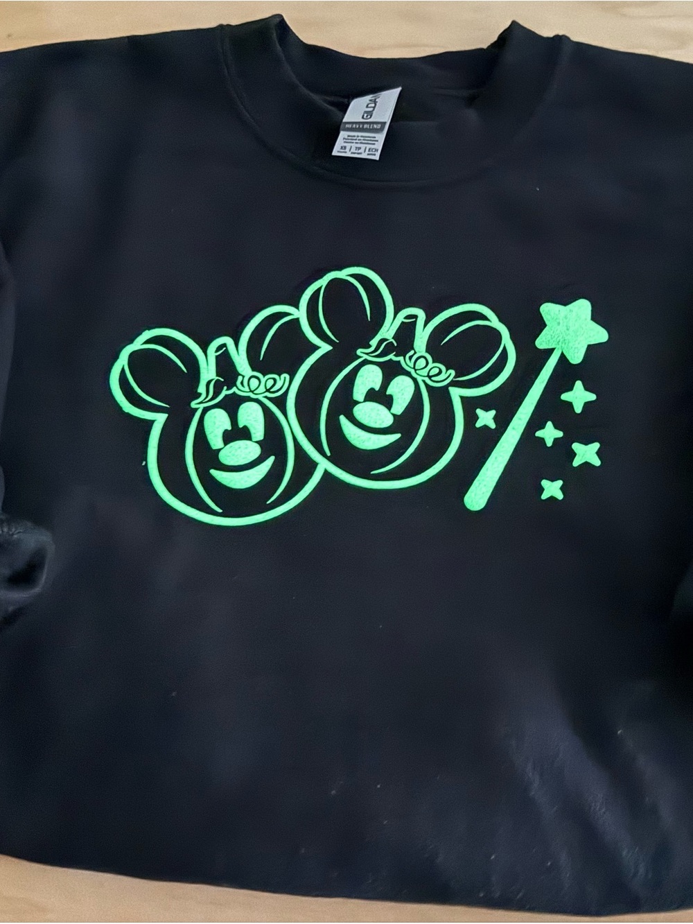 Gildan Black Kids Sweatshirt with glow in the dark Halloween Green Cartoon Faces